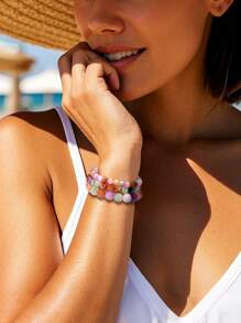 Pulsera de piedras naturales color rosa primaveral, set de pulsera de estilo bohemio con perlas de sunstone, cuarzo rosa y lepidolita, cadena de cristales de equilibrio energético para yoga, apta como regalo para mujeres