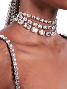 Multi-Layer Asymmetrical Crystal Necklace, Bridal Wedding Jewelry Accessory - Silver - View 1