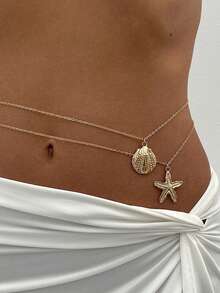 2pcs Vintage Bohemian Style Starfish & Shell Decorated Waist Chain, Ocean Element Belly Chain, Women's Everyday Wear And Beach Vacation Charm Body Chain Jewelry Set Gift - Style 1 - View 6