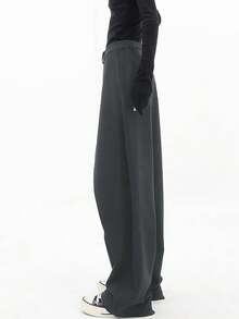 UREREM 120克梭织面料不对称腰身双扣高腰休闲宽松阔腿裤，简约纯色春季款 - 深灰色 - 查看 4