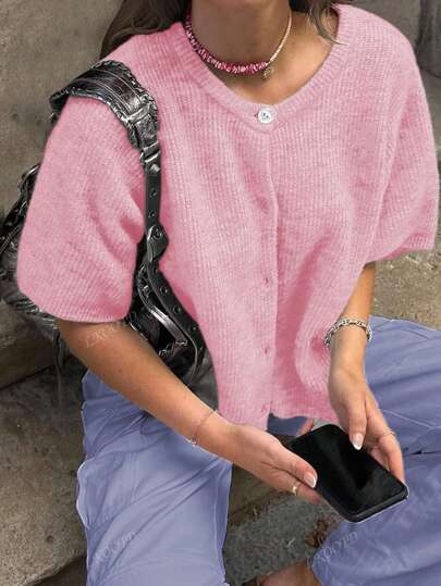 Women's Casual Solid Color Short Sleeve Knit Cardigan, Minimalist Fashion Old Money Streetwear, 2025
