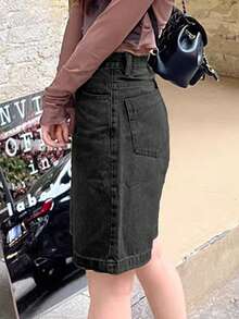 女士休闲及膝阔腿宽松百慕大牛仔短裤，适合夏季度假、海滩、乡村音乐节，黑色 - 黑色 - 查看 3