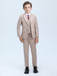男童两件套西装套装，幼儿燕尾服礼服，花童服装，婚礼西装外套及裤子，香槟色，尺码4-16岁 - 卡其色 - 查看 2