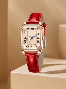 1pc Women's Brown PU Leather Belt Fashionable Casual Retro Small Square Roman Letter Dial Quartz Watch For Daily Wear Or Holiday Gifts - one-size - View 4