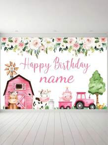 1pc Customizable Cartoon Farm Animals Happy Birthday Banner - Pink Barn Theme, Personalized Name Options For Birthdays And Anniversaries, Great For Photo Booths And Celebrations, Suitable For Porch Decorations, Indoor/Outdoor Celebrations, Anniversaries, Graduation - Versatile Party Backdrop Banner In Three Sizes!