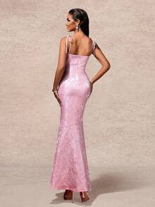 提花无袖鱼尾长裙、派对礼服、长袍、正式礼服、晚礼服、婚礼宾客礼服 - 粉色 - 查看 5