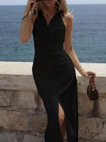 2025新款优雅白色通勤衬衫裙，法式时尚修身连衣裙，黑色露背无袖度假沙滩裙，夏季女士必备 - 黑色 - 查看 3