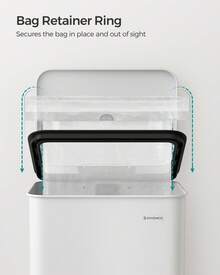 SONGMICS Kitchen Trash Can, 10.5 Gallon (40 L) Garbage Can, Large Step Trash Bin With Lid, Stainless Steel, Soft Close, 15 Trash Bags Included - 白色 - 查看 5