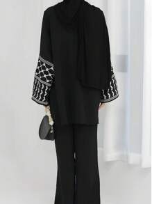 女士两件套宽松套装，2026春夏款，几何刺绣图案袖口设计 | 中东优雅两件套，时尚斋月长袍套装，优雅阿拉伯服饰 - 黑色 - 查看 6
