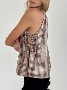 Camisetas de tirantes para mujer con patrones a cuadros sólidos, con lazos laterales, sin mangas, con tirantes de espagueti, para el verano - Café integral - Ver 4