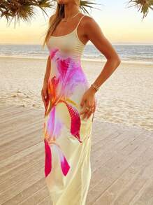 Minimalist Romantic Floral Print Elegant Sexy Knit Asymmetric/Asymmetrical Casual Dress, Suitable For Garden Party, Evening Date, Beach, Spring/Summer