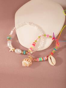 Bohemian Ocean Fan Besson Stone Starfish Soft Ceramic Pearl Elastic Women's Foot Chain 2 Pieces Set C Type Bead Rope Randomly - Multicolor - View 3