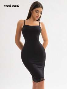 1 pezzo Vestito da donna nuovo per primavera/estate con inserti in pizzo, abito casual elegante e sofisticato senza maniche di colore unito adatto per uso interno/esterno