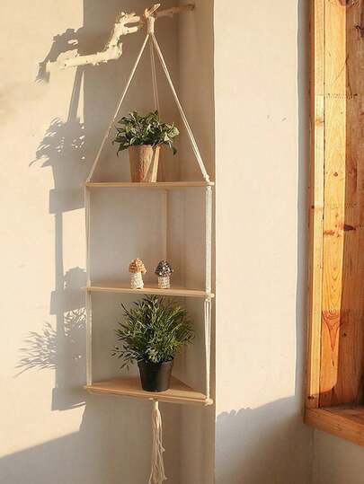 1pc Boho Wooden Triangle Wall Corner Vase Rack For Flowers, Plants, Green Decor, Living Room, Bedroom, Multifunctional Wood Succulent Display Stand