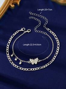 2 pièces Bijoux de plage Chaîne multicouche argentée avec décoration de strass papillon. Bracelet de cheville réglable, accessoire d'été pour la fête