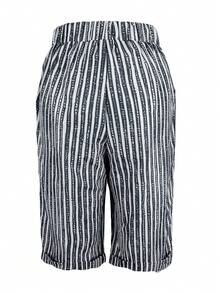 女士时尚夏季条纹印花抽绳口袋休闲短裤 - 藏蓝色 - 查看 4