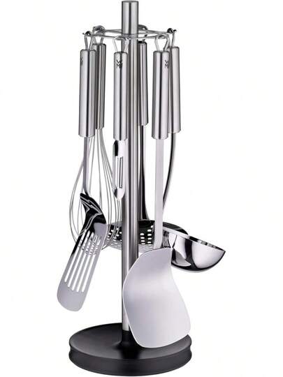 WMF Profi Plus Küchenhelfer Set Edelstahl-teilig, Küchenbesteck, Ständer mit 6 Helfern, Schöpflöffel, Schaumlöffel, Wokwender, Wender, Schneebesen, Gemüseschäler, Cromargan Edelstahl, spülmaschinengeeignet