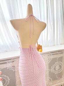 SEREN Ladies' Spring And Summer New Vacation Style Sexy Bold Avant Garde Hanging Neck Dress Concert Dress With Hollow Out Design Lace Knitted Long Dress, Suitable For Singles' Parties, Engagement Parties - Pink - View 4