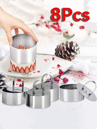 2/8pcs Round Cake Rings, 8.0cm Stainless Steel Dessert Mousse Molds With Pusher And Lifting Device, Tuna Tartare Molds (Include 4 Rings And 4 Pushers)