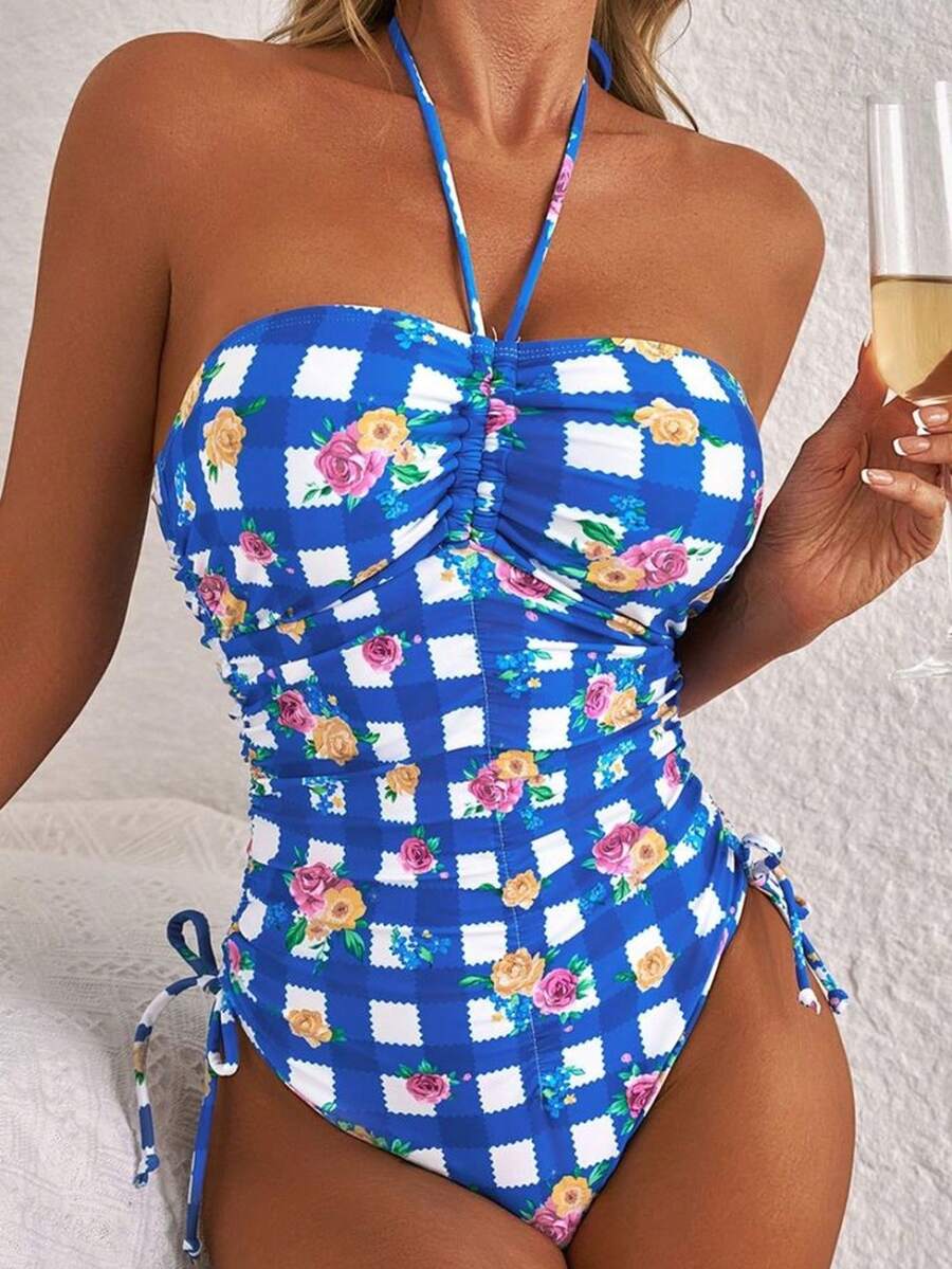 Floral Print Cute Boho Drawstring Backless Ruffle Trim Casual Beach One Piece Swimsuit, Summer - Multicolor - View 1