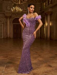 Missord Exaggerated Ruffle Trim Asymmetrical Neckline Sequins Fishtail Hem Maxi Evening Gown Elegant Formal Prom Wedding Guest Dress, For Graduation, Dinner Party Dress - Purple - View 3