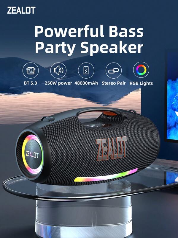 ZEALOT ZEALOT S89 250W High-Power Wireless Speaker, Outdoor Portable, With Waterproof And Five Speakers, Built-In 48000mAh Battery, With RGB Color Lights, Compatible With SD Card/USB Drive/AUX/Supports Two Speakers In Series, Hands-Free Calling, Supports Mobile Phones/Tablets/TVs/Computers, Suitable For Outdoor Large-Scale Dance/Family Gatherings/Beach Parties