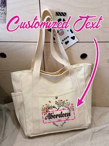 1pc Customized Name Canvas Tote Bag, Personalized Shoulder Bag, Casual Shopping Bag, Large Capacity One Shoulder Bag, Suitable For Work, Travel, Multipurpose, Versatile, Spacious, Lightweight, Practical, Suitable For Anniversary, Christmas, Vacation, And Outdoor/Commute/Travel/School/Outing/Sports/Shopping/Daily Use - Beige - View 1