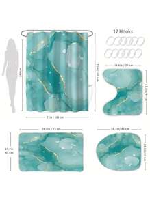 1/4 Pcs Blue & Green Marble Pattern Bathroom Set, Waterproof Shower Curtain With 12 Hooks, U-Shaped Rug, Toilet Lid Cover, L-Shaped Mat, Beautiful Bathroom Decor Accessories Fall Decor Bathroom Accessories Back To School
