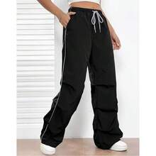 Women's Straight Leg Tactel Pants With Pocket, Elastic Waistband, Wide Leg, Windbreaker, Basic Unisex, 3-Pack, Casual, Work, Hiking, Gym, School, Fishing, Sports, Gym Clothes, Drawstring Waist, Street Style, Women's And Men's - 黑色 - 查看 2