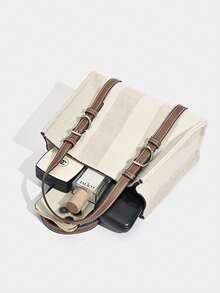 Bolsa feminina de lona mini bolsa tote, nova chegada, bolsa de ombro transversal casual versátil com alça superior, para escritório/viagem, verão - Bege - Ver 5