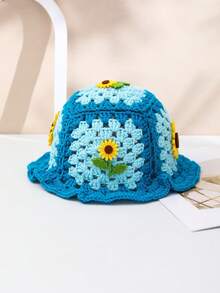 1pc Women's Handmade Crochet Bicolor Sunflower Decor Casual Wear Cloche Hat, Sweet And Cute Style - Blue - View 2