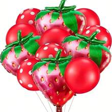 13pcs Strawberry Balloon Set, 28.35in Foil Party Decorations - Red & Pink With Green Leaves, Reusable, Summer Party & Celebration, Fun Design, Strawberry Themed Items