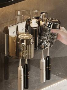 1PC Wall Mounted Toothbrush And Mouthwash Cup Holder, Brown Black White Clear Plastic Toothbrush Holder, No Drilling Bathroom Organizer Rack For Toothpaste And Brush Storage Home Bathroom Decor Fall Decor Back To School