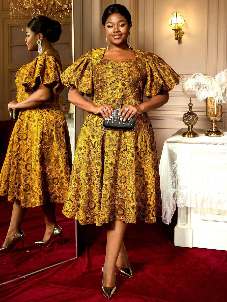 Jacquard A Line Dresses Short Lantern Sleeves Elegant Retro Party Event Plus Size Ladies - Yellow - View 1