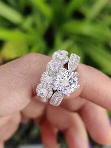 1 Set Shiny Cubic Zirconia 925 Sterling Silver Couple Rings, Suitable For Wedding, Engagement Party, Valentine's Day And Other Occasions