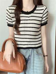 女士夏季时尚黑白条纹针织上衣，宽松女孩时尚短袖 - 黑與白 - 查看 4