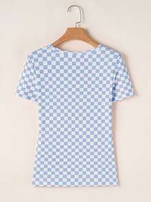 Acelitt Summer Colorblock Checkerboard Print Ribbed Fitted Crew Neck Short Sleeve T-Shirt Casual - Baby Blue - View 4