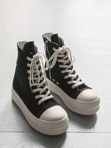 1 Pair Solid Color Casual Punk Preppy Vintage Style Lace-Up High-Top Canvas Shoes, Thick Sole, Suitable For Party, Office, All Seasons - Black - View 4