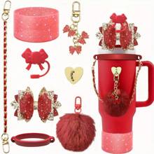 Set de 8 piezas de accesorios brillantes para vasos de 30oz y 40oz, que incluye tapa con cubierta de silicona para pajilla, correa de manija para botella de agua, cadena de encanto, gancho con forma de corazón, funda para vaso, lazo decorativo para pajilla - Regalo ideal para el Día de San Valentín, Día de la Madre, útiles escolares