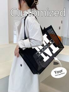 Customized Women's Bags, Customized Text Mesh Tote Bag, Customized Tote Bag, Nylon Material Letter Printed Beach Mesh Tote Bag - Multicolor - View 1