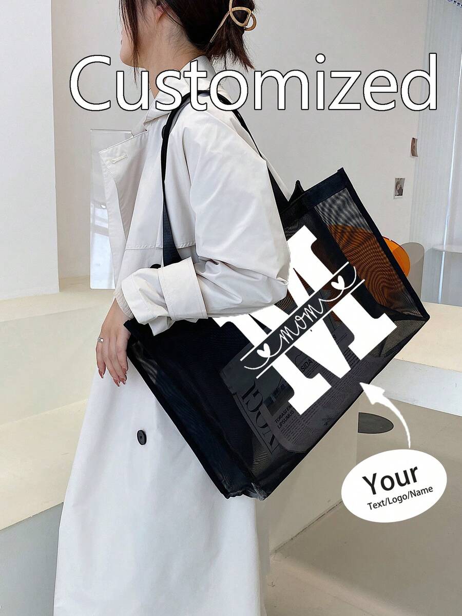 Customized Women's Bags, Customized Text Mesh Tote Bag, Customized Tote Bag, Nylon Material Letter Printed Beach Mesh Tote Bag - Multicolor - View 1