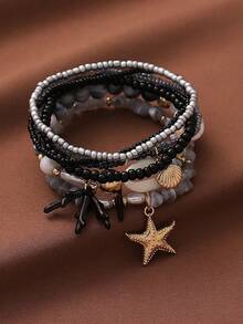 7pcs/Set Pink Series Girly Beach Vacation Style Shell, Starfish & Bead Elastic Bracelet Set, Suitable For Women's Vacation & Daily Wear (Handmade Beading, Bead Quantity And Sequence Position Random)