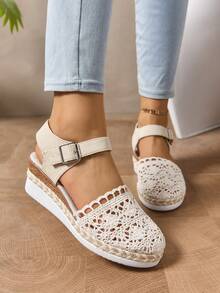 Nuevas sandalias planas con plataforma para mujeres, sandalias corredizas con tira y suela gruesa tejida de dedo cerrado - Beis - Ver 5