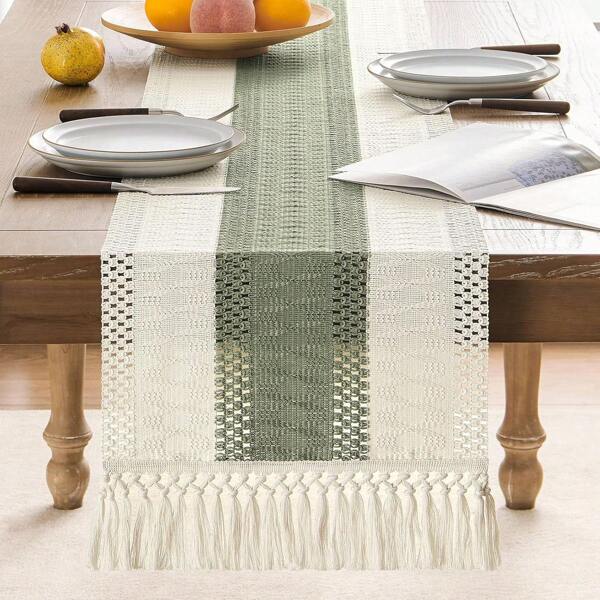 1pc Contrast Color Patchwork Tassel Decor Placemat/Table Runner, Bohemian Style