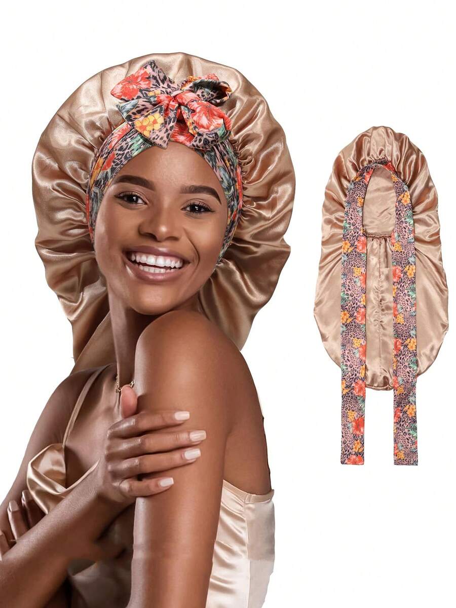 1pc Long Satin Printed Braided Hat - Sleep Silk Hair Cap With Elastic Straps, Suitable For With Curly Hair(Random Print Pattern) - A - View 1