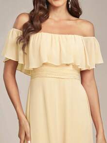 Off-Shoulder Ruffle Sleeve Side Slit A-Line Chiffon Cream Yellow Bridesmaid Dress, Wedding Guest Dress, Wedding/Graduation Ceremony - Yellow - View 6