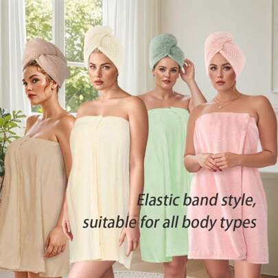 2pcs Set Of Wearable Bath Towel And Hair Dryer Hat, Cute Bow Soft Women'S Shower Dress, Adjustable Bathrobe With Elastic Band Style, Suitable For Home And Travel, Bathroom Accessories, Wash Cloths Back To School