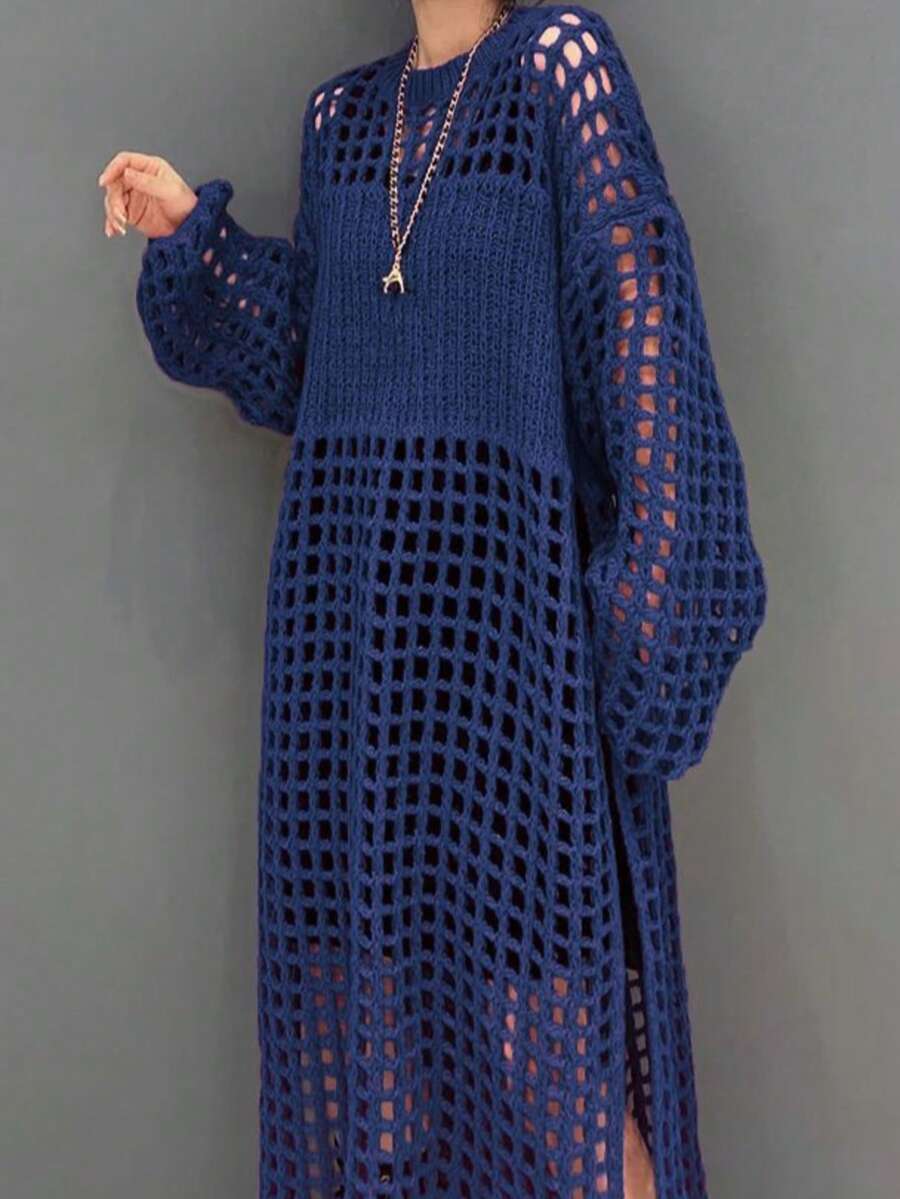 Plus Size Solid Color Casual Maxi Hollow-Out Knitted Skirt - Royal Blue - View 1