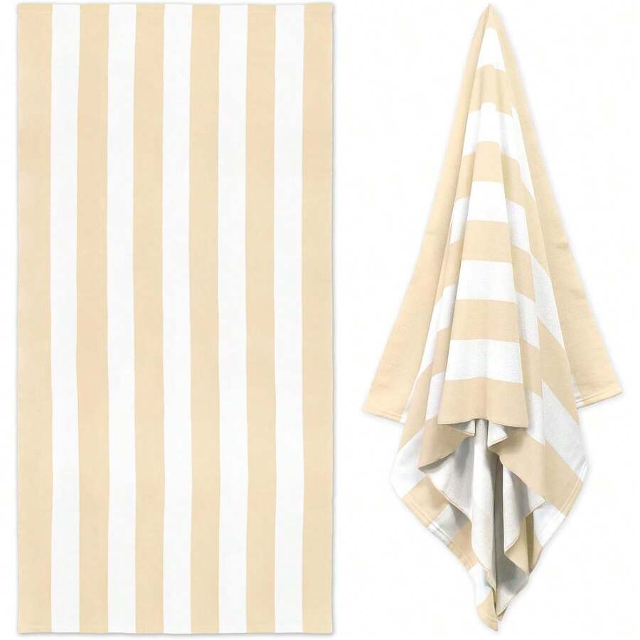 1 PC Large Oversized Beach Towel 31''x71'', Microfiber Pool Towel, Pink Striped Quick Dry Cabana Swim Towel - Beige - View 1