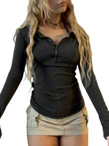 Women Spring Autumn Slim Tops Black Long Sleeve Button Down Ribbed Skinny T-Shirt For Daily Streetwear - Black - View 3